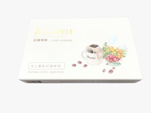 Closed drip coffee gift box with cup and fruit illustrations